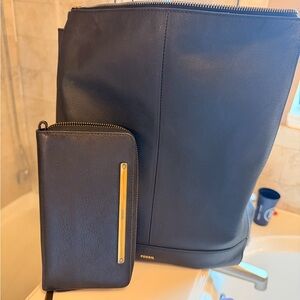 Fossil Black Leather LG Backpack and Wallet Combo